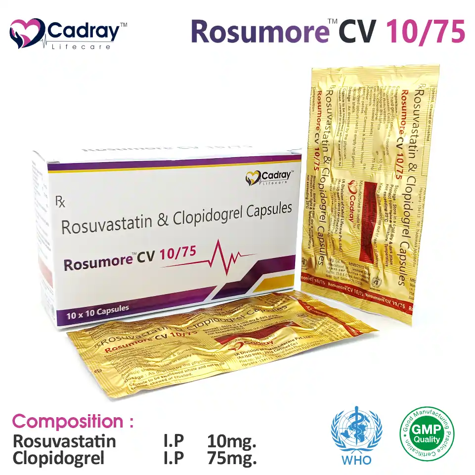 Rosuvastatin 10mg + Clopidogrel 75mg Capsule | Antiplatelet & Lipid-Lowering | Best Price for PCD Pharma Franchise
